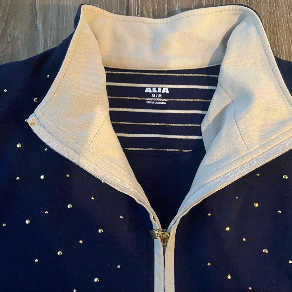 Alia Blue with golden metal decorations /Zip Up Cardigan Size M - Picture 2 of 10